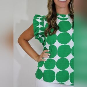 NWT JODIFL Green &  White Patterned Ruffle Sleeve Top Sz.1X #1848